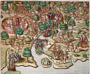History of America: Description of methods of siege and attack, Indians fighting Spanish armies. Recit of the captivity of Hans Staden, German explorer who left with the Spanish fleets to Brazil, captured by the Tupinamba Indians. Engraving from Ameri