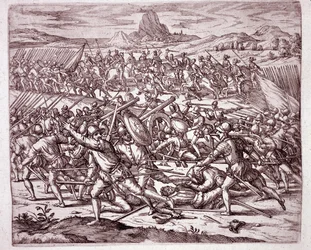 History of America: fights between the armies of Vaca de Castro and Almagro junior after the death of Francisco Pizarro and Diego de Almagro (Engraving)