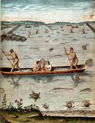 History of America: Fishing among the inhabitants of Virginia. In the water of turtles, crabs and various fish varieties. Engraving from Admirante Narratio Americae by Theodore de Bry (1528-1598)