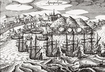 View of Acapulco, Mexico - Engraving by Theodore de Bry (ca. 1630)