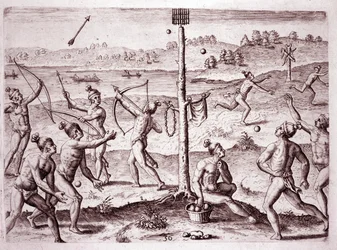 Native Americans practicing running, shooting arrows, and throwing ball, Florida (Engraving)