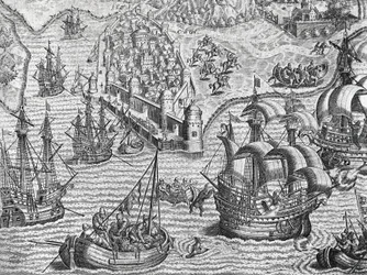 Naval battle, engraving from American History by Theodore de Bry