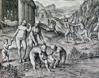 Remedies used by natives against disease, engraving from Historia America, Frankfurt