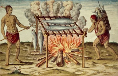 Taíno natives cooking fish, colour engraving by Theodor de Bry (1528-1598) from painting by John White, from Brief and true report of new found land of Virginia