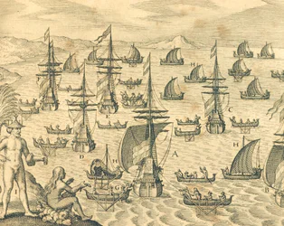 The Island of Thieves, engraving from American History by Theodore de Bry, North America 17th Century