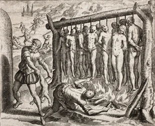 Thirteen hanged and burned victims, depiction of crimes inflicted on Indians by Spanish settlers from 