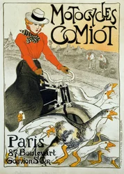 Advertising poster for Comiot motorcycles. A young woman on a moped among a group of geese. Poster by Theophile Alexandre Steinlen (1859-1923). 1899. Paris, Decorative Arts