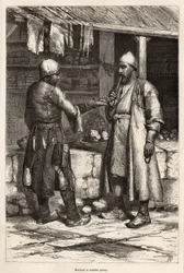 A Persian merchant and mule maker in a village of Armenia, engraving after a drawing by the author, illustrating the journey in Lazistan and Armenia