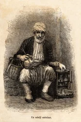 A cafe salesman (cafedji) traveling, in the bazaar of Trebizonde (present-day Trabzon, on the Black Sea coast), engraving after a drawing by the narrator, illustrating a journey to Lazistan and Armenia, of 1869, by Theophile Deyrolle, published in “Le tour
