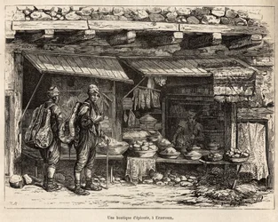 A grocery store in Erzeroum (Armenia), engraved after a drawing by the author, illustrating the journey in Lazistan and Armenia