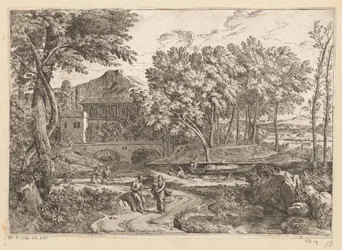 Arcadian Landscape with a Herd of Goats by the Water and a Mother with Child on a Path with Other Figures