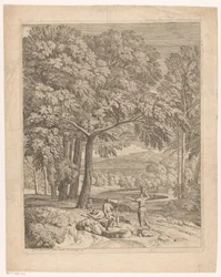 Arcadian Landscape with Two Men and a Basket-Carrying Woman