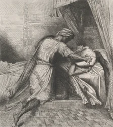 He smothers her: plate 13 from Othello Act 5, Scene 2, etched 1844, reprinted 1900