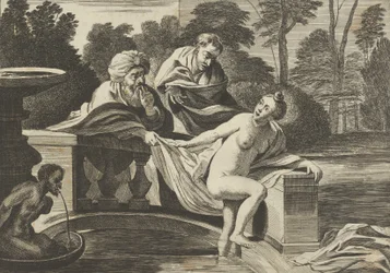 Susanna, partly naked and stepping out of a fountain, with two elders at left, one of..., ca. 1656-60
