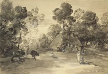 Wooded Landscape with Figures, Cottage and Cow