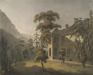 This view in the Vale of Llangollen, Plas Newydd with the Library window overlooking the garden
