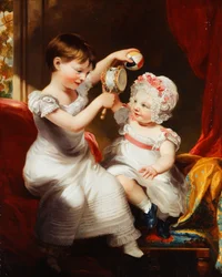 Two Sisters, seated full-length in an Interior, Playing