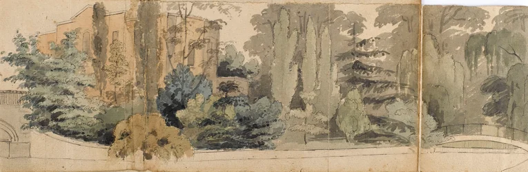 A view of the front of Merton Place, seen from across the river, with two bridges