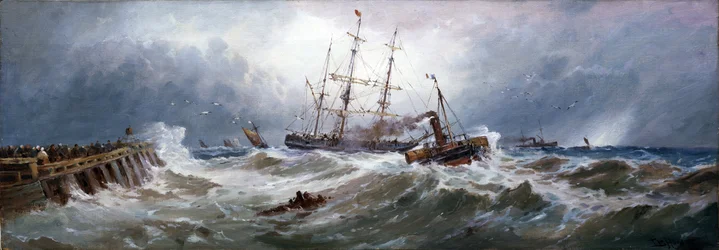 A French tug boat pulling a boat in the port of Boulogne, on difficult seas