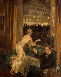 View of an interior with a couple watching the arrival of the Jarrow Marchers in London through a window