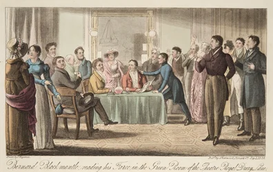Bernard Blackmantle Reading His Farce in the Green Room of Covent Garden Theatre, from The English Spy
