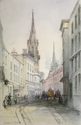 View along Lombard Street, looking east, with figures and carriages, City of London