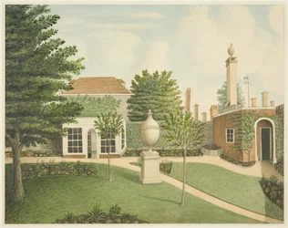 A view of the main garden lawns, summer house and soil sterilising room at 14 St James