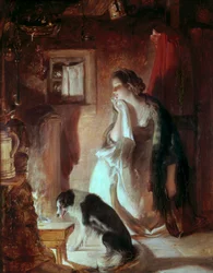 The Woeful Heart, a young woman by the fire, sad face because of a grief. Painting by Thomas Duncan (1807-1845), Victoria and Albert Museum, London