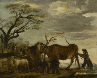A Peasant Driving Cattle, Sheep and Goats in a Landscape