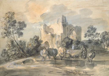 Landscape with a Ruined Castle, and Cattle by a Pool