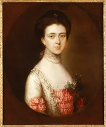 Portrait of a Lady, Bust Length, in a Pink and White Dress Trimmed with Lace and a Pearl Necklace