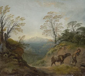 Wooded Landscape with a Boy Leading a Donkey and Dog, and an Extensive Panorama with Buildings and Distant Hills