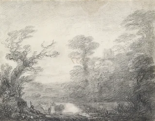 Wooded landscape with herdsman, cows and church tower