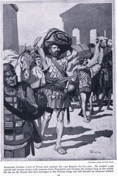 Looting a city of treasure: Alexander became lord of Persia. He loaded all the treasures from Persepolis to become very rich, c. 1950