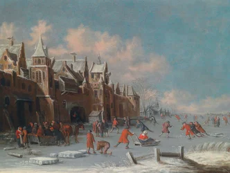 Skaters on the Ice Outside the Gates of a Dutch City
