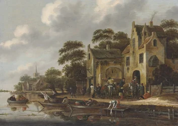 The Bank of a River, with Figures in Rowboats and Travelers outside an Inn, a Church Beyond