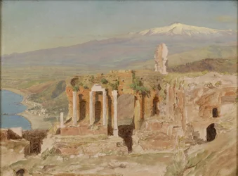View of the Ruins of the Greek Theater at Taormina and Mount Etna, Sicily