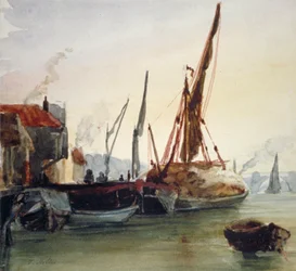 View of boats moored on the River Thames at Bankside, Southwark, London, c. 1830