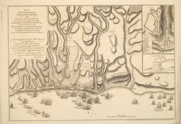 Plan of the Attack against Basseterre on the Island of Guadeloupe by a Squadron of His Majesty’s Ships of War Commanded by Commodore Moore on 22nd January 1759, also the Encampments of the British Army Commanded by General Hopson