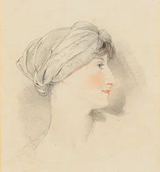 Portrait head of Mrs Jens Wolff, in profile to the right, wearing a turban