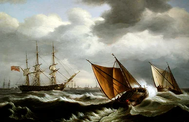 Dutch coastal craft with an English frigate at anchor in a gale off Harwich