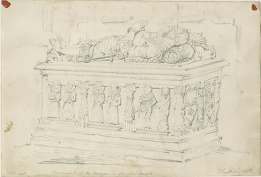 Seighford Church - Tomb of William and Mercy Bowyer: pencil drawing