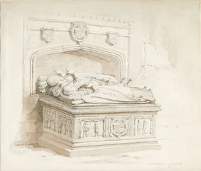 Stowe Church - Table tomb [of Sir Walter Devereux]: sepia drawing