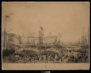 The Launch of the Trafalgar, in the presence of Her Most Gracious Majesty Queen Victoria and His Royal Highness Prince Albert, at H.M.Dock Yard, Woolwich