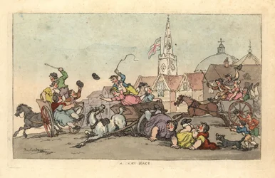 A Cart Race in an English Town with an Accident in the Foreground