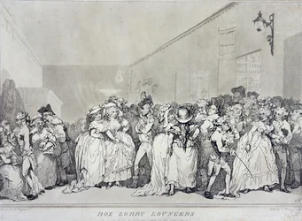 Box Lobby Loungers, etched by Rowlandson from a design by Henry Wigstead, pub. by John Raphael Smith, 1786