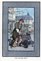 Butcher itinerant cutting a piece of meat, said that dogs and cats attack the wheel of his wheelbarrow. Wood engraving, based on a painting by Thomas Rowlandson