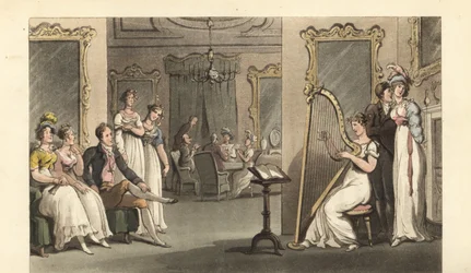 English Gentleman and Ladies Listening to a Harpist at a Ball