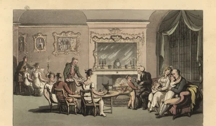 English gentleman, wife and children relaxing in the parlour