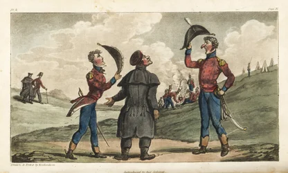 Ensign Johnny Newcome Introduced to the Colonel of his Regiment before the Battle of Salamanca. Handcoloured Copperplate Engraving Drawn and Etched by Thomas Rowlandson from Colonel David Roberts